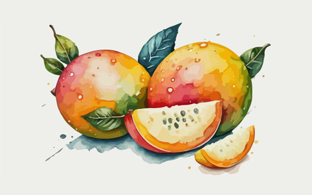 Mango fruit on a white background with watercolor splashes.のイラスト素材