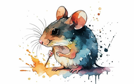 mouse with watercolor splashes on a white background, vector illustrationのイラスト素材