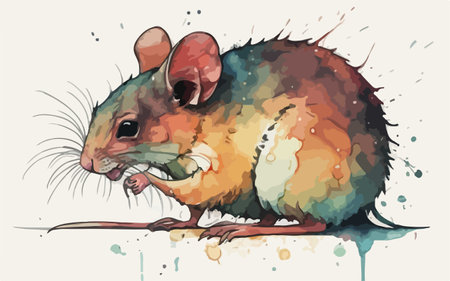 Illustration of a brown mouse on a white background with watercolor stainsのイラスト素材