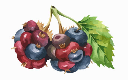 Ripe blackberries and blueberries with leaves. Vector illustration.のイラスト素材