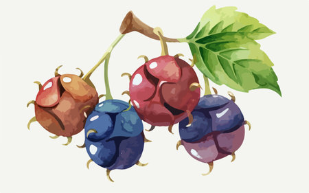 Illustration of a bunch of blackberries with leaves on a white backgroundのイラスト素材