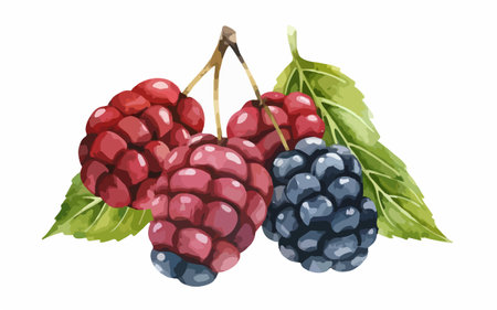 Ripe blackberries and raspberries with leaves. Vector illustration.のイラスト素材