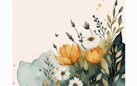 Watercolor floral background with flowers and leaves. Hand drawn vector illustration.のイラスト素材