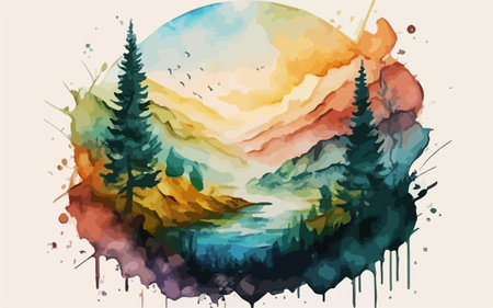 Abstract vector background with mountains and forest. Watercolor hand drawn illustration.のイラスト素材