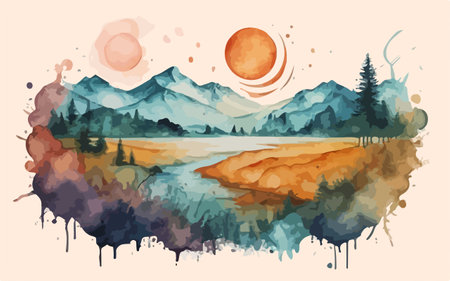 Landscape with mountains, lake, forest and moon. Vector illustration.のイラスト素材