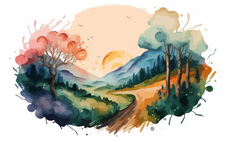 Hand drawn vector illustration of autumn landscape with mountains, forests, fields and sun.のイラスト素材