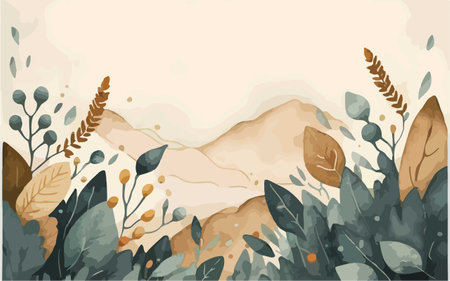 Background with leaves and mountains. Hand drawn illustration. Vector illustration.のイラスト素材