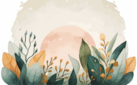 Abstract background with hand drawn leaves and sun. Vector Illustration.のイラスト素材