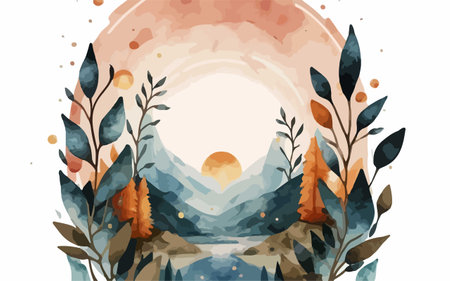 Autumn landscape with lake, mountains, forest and sun. Vector illustration.のイラスト素材