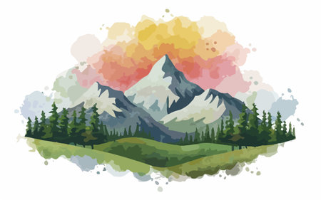 Mountains and forest with colorful clouds. Vector illustration for your designのイラスト素材