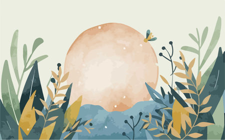 Vector illustration of a landscape with a full moon, plants and flowers.のイラスト素材