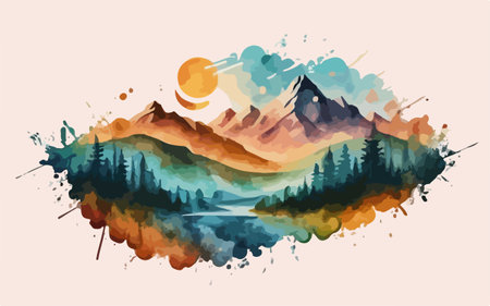 Watercolor mountain landscape. Hand drawn vector illustration with mountains and lake.のイラスト素材