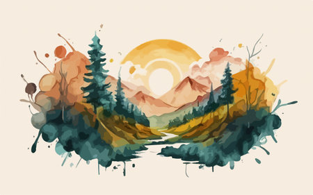 Hand drawn vector abstract landscape with mountains, forest, lake and sunset.のイラスト素材
