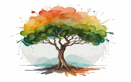 Colorful tree with watercolor splashes. Hand drawn vector illustration.のイラスト素材