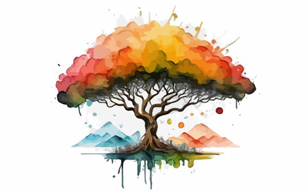 Colorful abstract tree with watercolor splashes. Vector illustration.のイラスト素材
