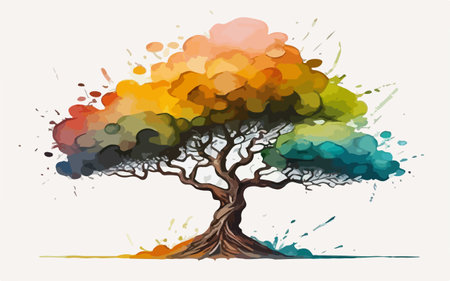 Colorful tree with watercolor splashes on white background. Vector illustration.のイラスト素材