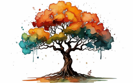Autumn tree isolated on white background. Watercolor hand drawn illustrationのイラスト素材