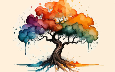 Abstract tree with colorful watercolor splashes. Hand drawn vector illustration.のイラスト素材