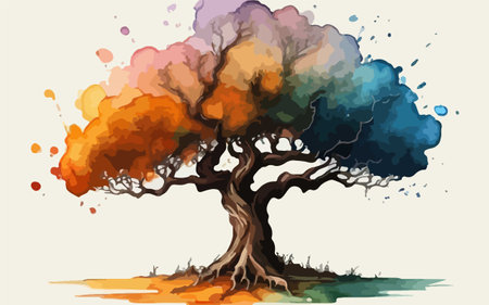 Autumn tree with watercolor splashes, hand drawn vector illustrationのイラスト素材