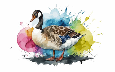 Watercolor illustration of a goose on a white background with watercolor splashesのイラスト素材