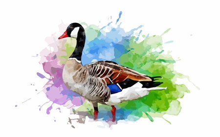 Watercolor illustration of a goose on a watercolor background with splashesのイラスト素材