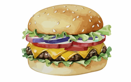 Illustration of a cheeseburger with lettuce, tomato and onionのイラスト素材