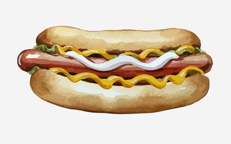 Illustration of hot dog with mustard and ketchup on white backgroundのイラスト素材