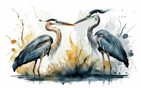 Two great blue herons on a watercolor background. Vector illustrationのイラスト素材