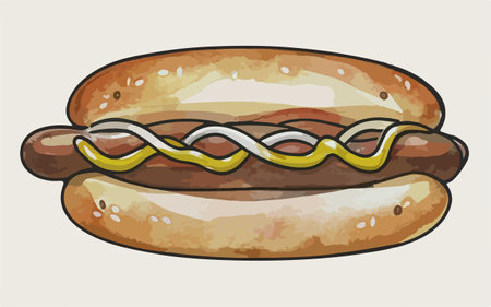 Illustration of a hot dog with mustard on a white background.のイラスト素材