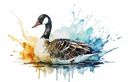 Watercolor illustration of a goose on a white background with splashesのイラスト素材