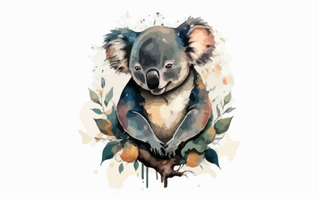 Cute koala on a branch with leaves. Watercolor illustrationのイラスト素材