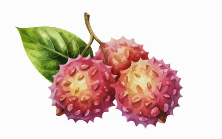 Lychee fruit illustration. Ripe lychee with green leaves.のイラスト素材