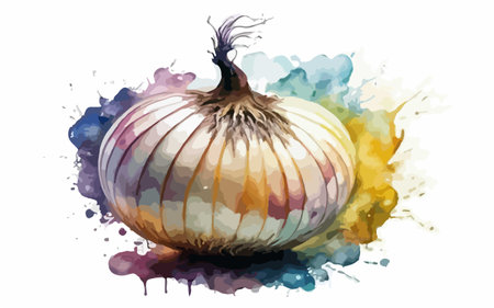 Illustration of a fresh garlic with watercolor splashes on a white backgroundのイラスト素材