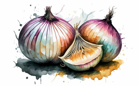 Illustration of onions with watercolor splashes on a white backgroundのイラスト素材