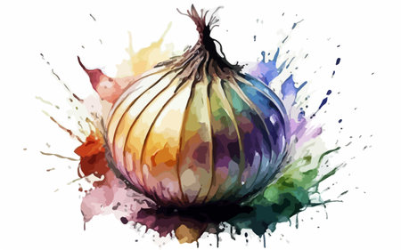 Illustration of onion on watercolor splashes. Vector illustration.のイラスト素材