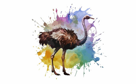Ostrich vector illustration. Isolated on white background. Watercolor splashes.のイラスト素材