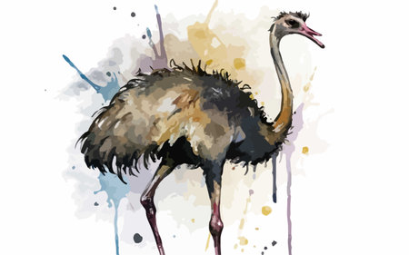 Ostrich vector illustration. Watercolor painting of ostrich.のイラスト素材