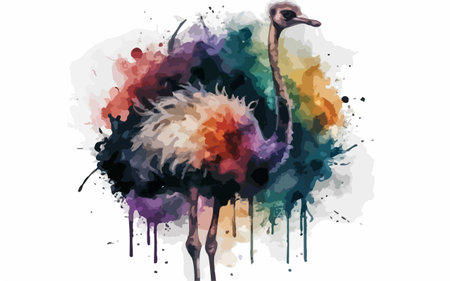Ostrich in watercolor splashes. Grunge vector illustrationのイラスト素材