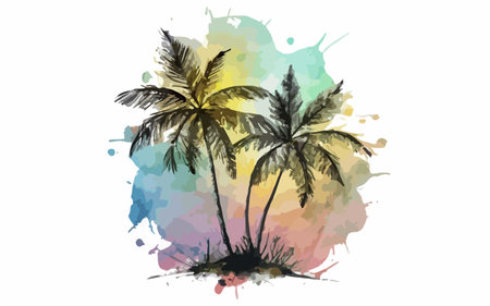 Palm tree silhouette on watercolor splash background. Vector illustration.のイラスト素材