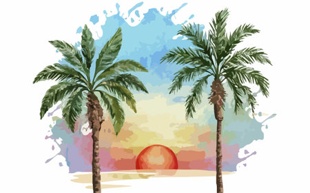Palm trees and sun on the background of the sea. Vector illustrationのイラスト素材