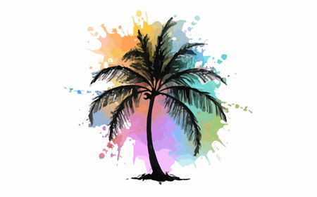 Palm tree silhouette on colorful watercolor background. Vector illustration.のイラスト素材
