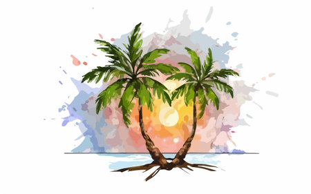 Palm tree on the background of watercolor splashes. Vector illustrationのイラスト素材