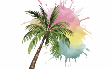 Palm tree on colorful watercolor splashes background. Vector illustration.のイラスト素材
