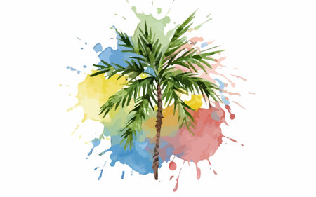Palm tree on colorful watercolor splashes. Vector illustration.のイラスト素材