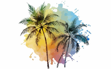 Palm tree silhouettes on colorful watercolor background. Vector illustration.のイラスト素材