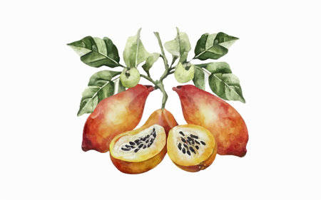Watercolor illustration of ripe pears with leaves on a white backgroundのイラスト素材
