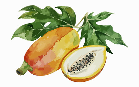 Papaya fruit vector illustration. Hand drawn watercolor illustration. Isolated on white background.のイラスト素材