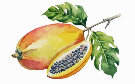 Papaya fruit on a white background. Vector watercolor illustration.のイラスト素材