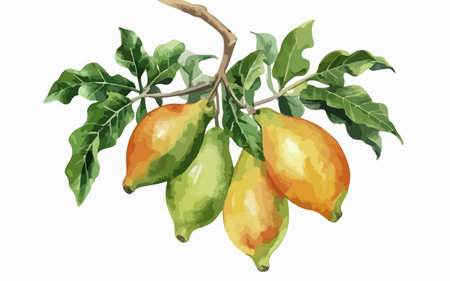 Papaya fruit on the tree. Hand drawn watercolor illustrationのイラスト素材
