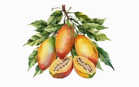 Watercolor illustration of ripe papaya fruits with leaves on white backgroundのイラスト素材